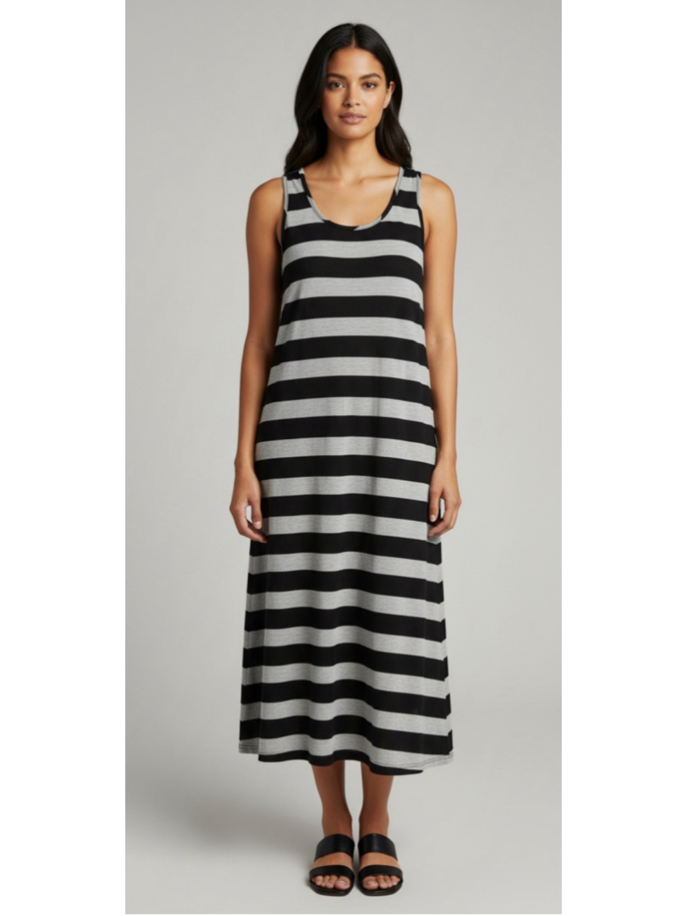 Women's Sweet Candy Black Gray Striped Maxi Dress L